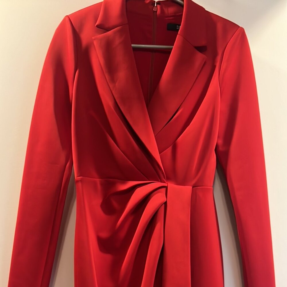 Badgley Mischka faux wrap midi dress—red